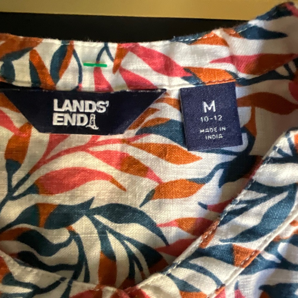 Lands End Womens Medium Linen Button Down Tunic Shirt Leaf Print Pink Blue 10-12 - Picture 6 of 9